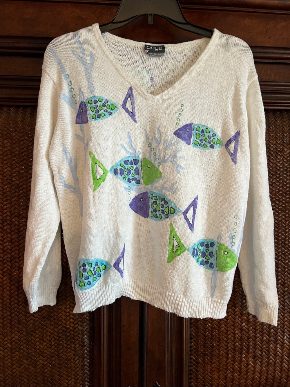 Sage Cream V-Neck Sweater with Green & Purple Fish Motif